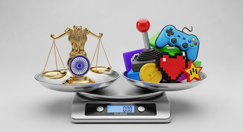 BG678 legal status guide – Indian law symbol aur gaming icons ke saath digital scale, Bharat ka map background mein.”