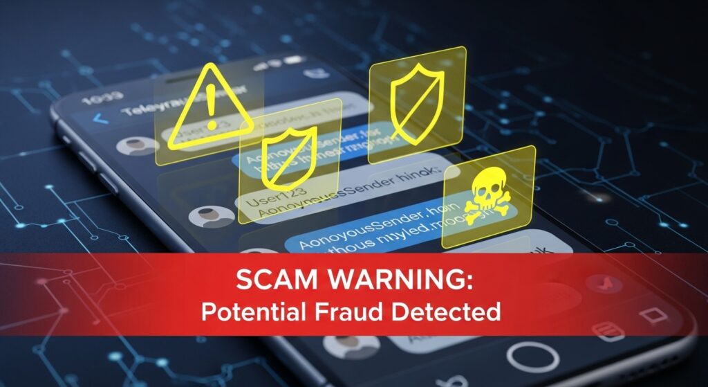 Telegram group safety – phone screen with warning icons aur dark cyber background.